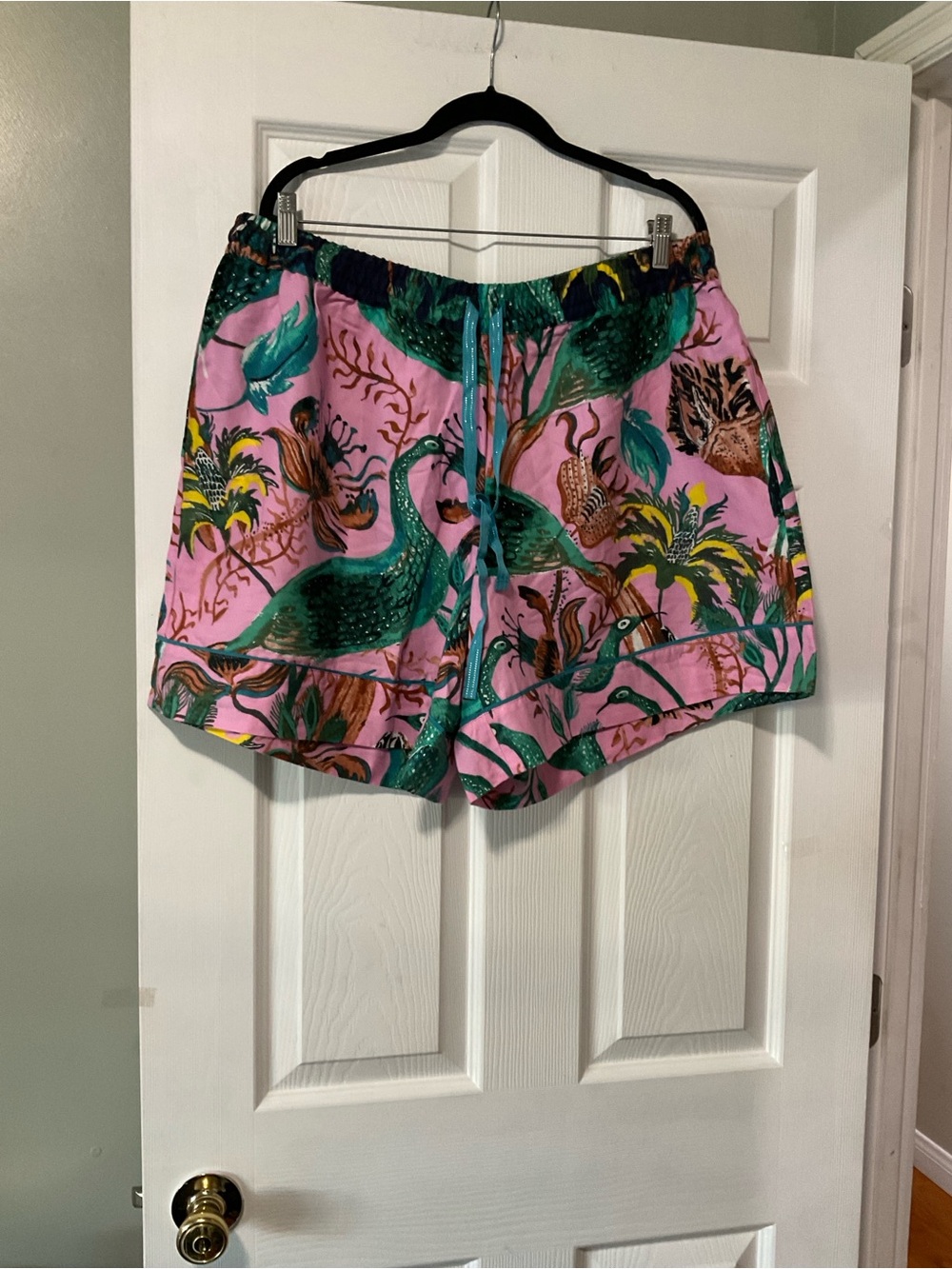 Anthropologie Pink Tropical Peacock-Print Elastic Waist Shorts